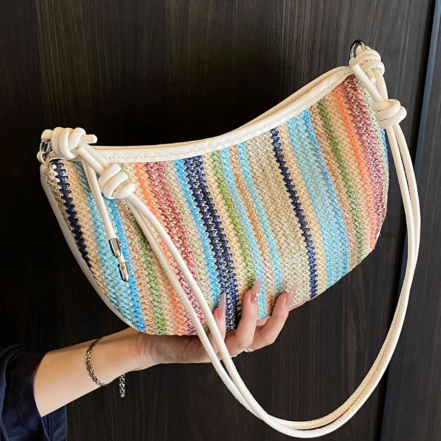 

Summer Handmade Rainbow Rattan Woven Straw Bag Women Dumplings Messenger Crossbody Bags Girls Daily Travel Beach Hobo Handbags
