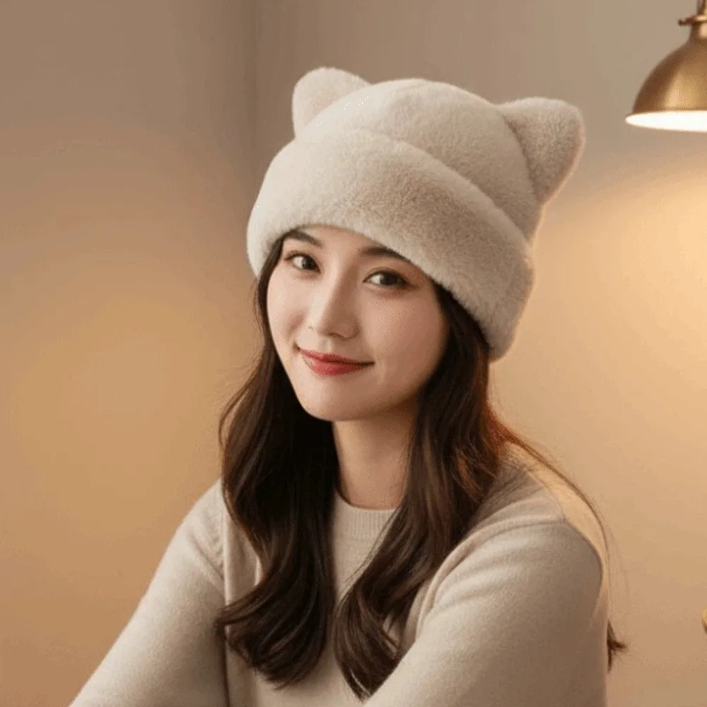 

Универсальная шапка с леопардовыми ушками из искусственного меха норки, мягкая плюшевая шапка с медведем в корейском стиле, универсальная эластичная шапка без полей для девочек