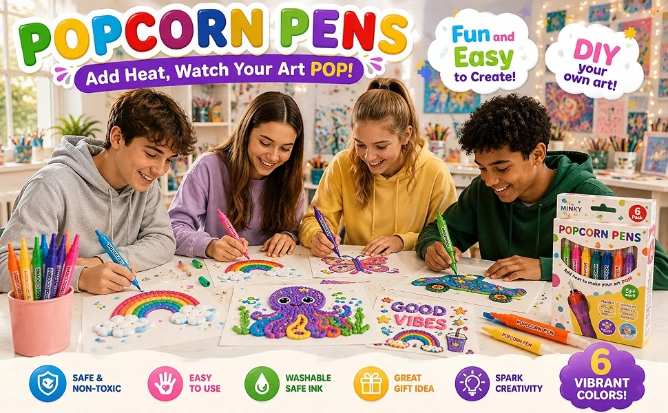 Puffy Popcorn Stift-Set 6/12 Farben 3D-Kunstmarker Glatter, einfach zu färbender Zeichenstift für Tagebuch, Notizbuch, Grußkarte, DIY-Bastelarbeiten – Detail 5