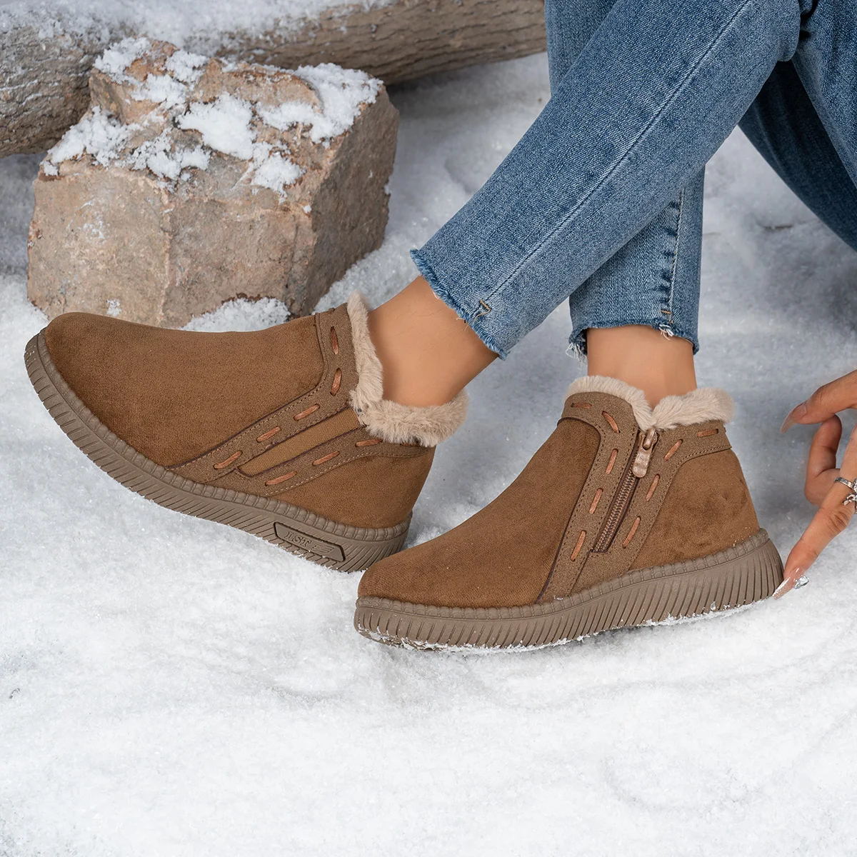 Women Winter Boots Brown Women's Ankle Boots Side Zipper Warm Fleece Lined Non‑Slip Flat Snow Boots Casual Daily Outdoor Wear