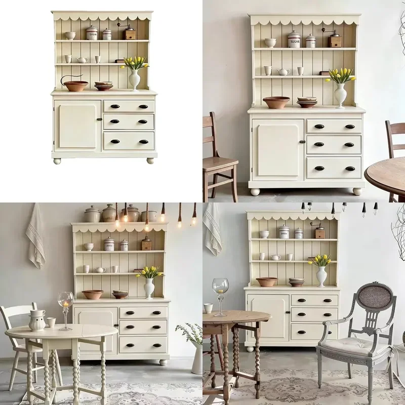French Retro Cream White Solid Wood Sideboard Medieval Style Dish Storage Locker for Cafe Studio Decoration