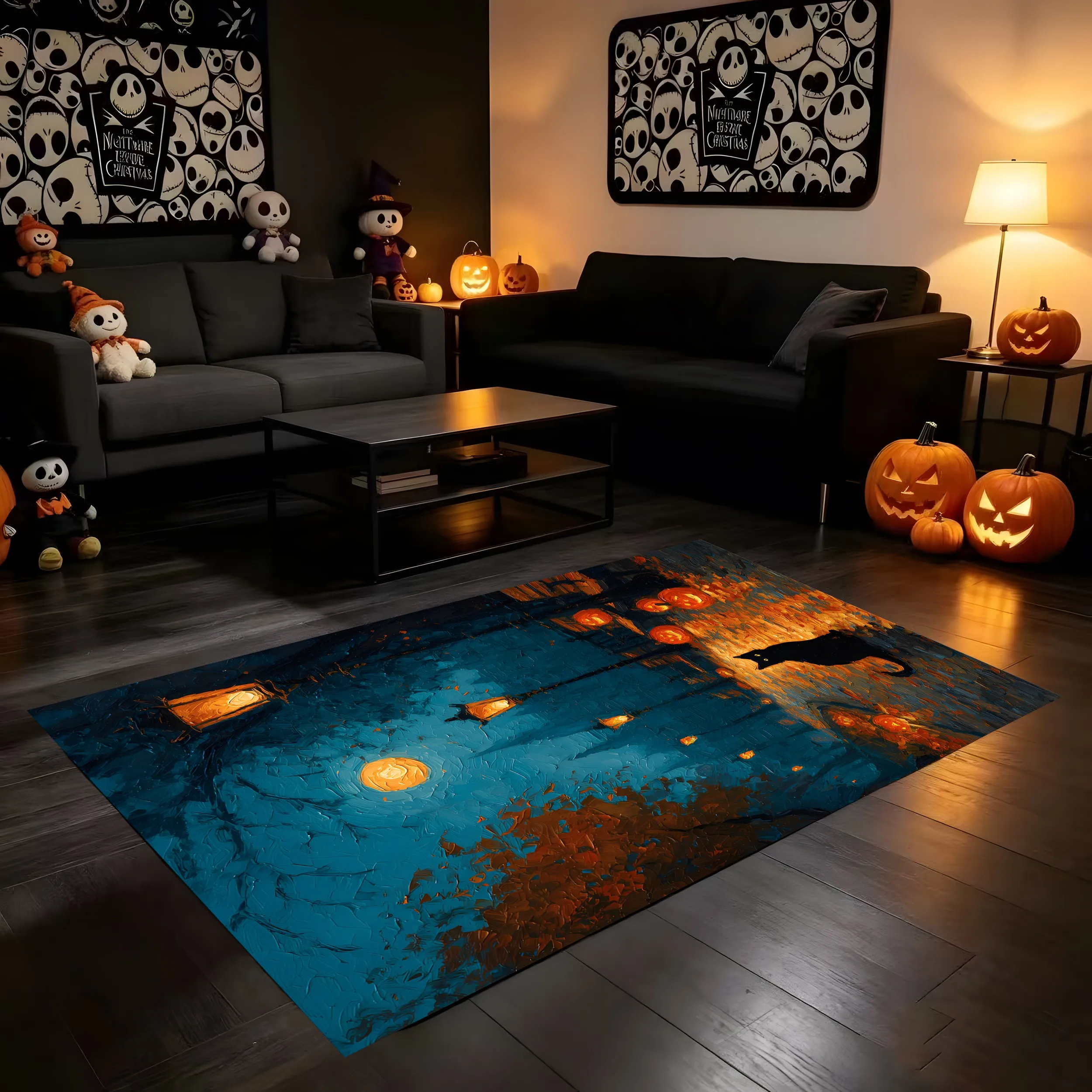 Velvet Rug Black Cat Pumpkin Lantern Moonlit Autumn Alley Oil Painting for Entryway Living Room Decor