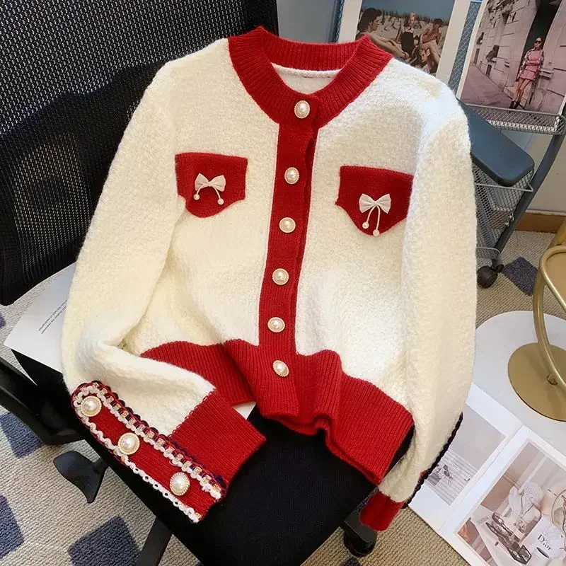 Woolly Popular Beautiful Bow Tie Sweater Women\'s Autumn Outfit Design Sense Niche Knitted Cardigan Gentle and Stylish Red Jacket