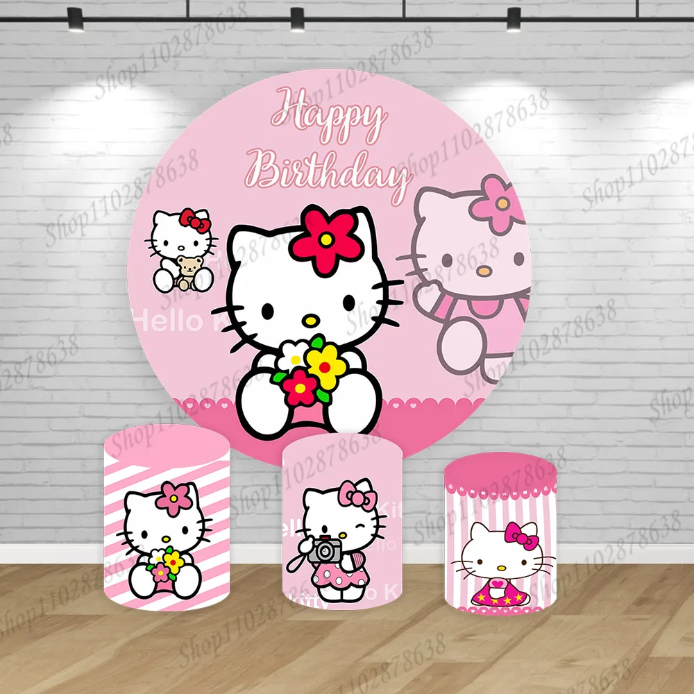 Pink Hello Kitty Backdrop Round Girl Kid 1st Birthday Party Baby Shower Background Elastic Cylinder Cover Banner Photo Decor