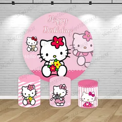 Pink Hello Kitty Backdrop Round Girl Kid 1st Birthday Party Baby Shower Background Elastic Cylinder Cover Banner Photo Decor