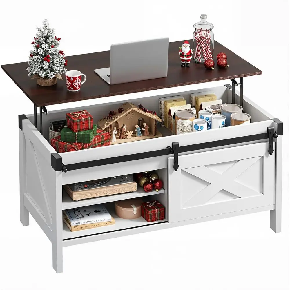 

Farmhouse-Style Lift-Top Coffee Table, 39.4 White Storage Center Table with Sliding Barn Doors for Living Room or Office