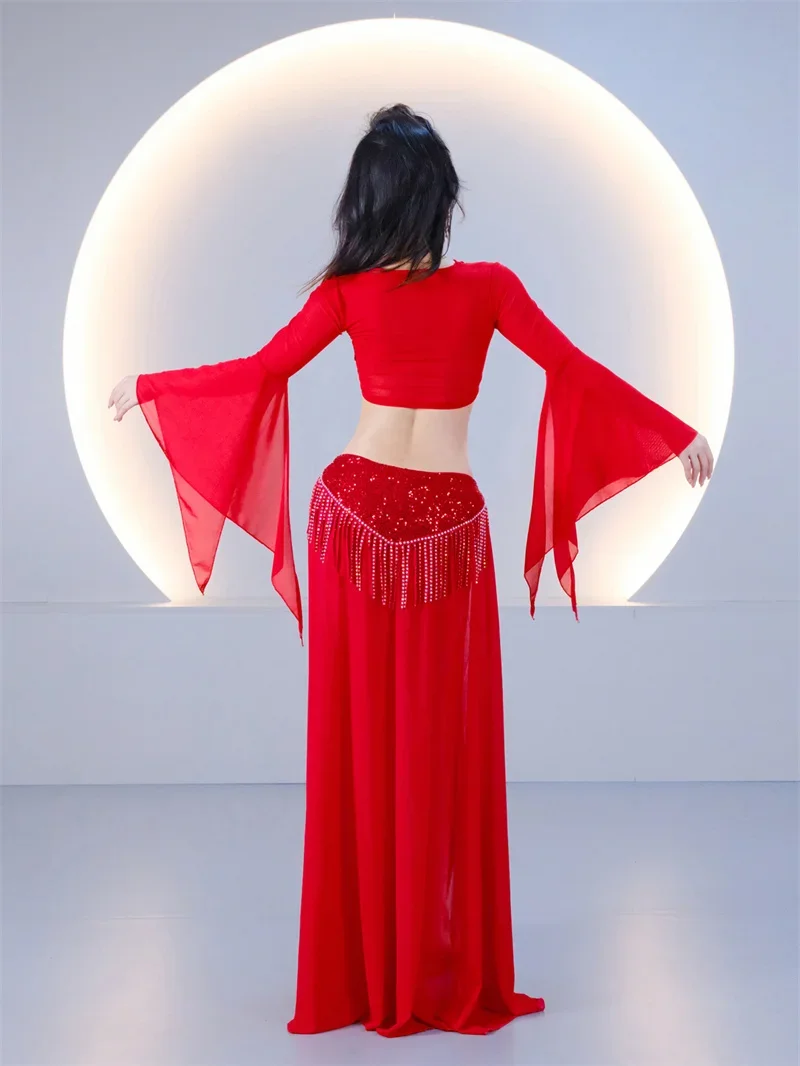 Red Rhinestone Tassel Belly Dance Costume Flare Mesh Long Sleeve Crop Top High Split Long Skirt Set Oriental Stage Competition