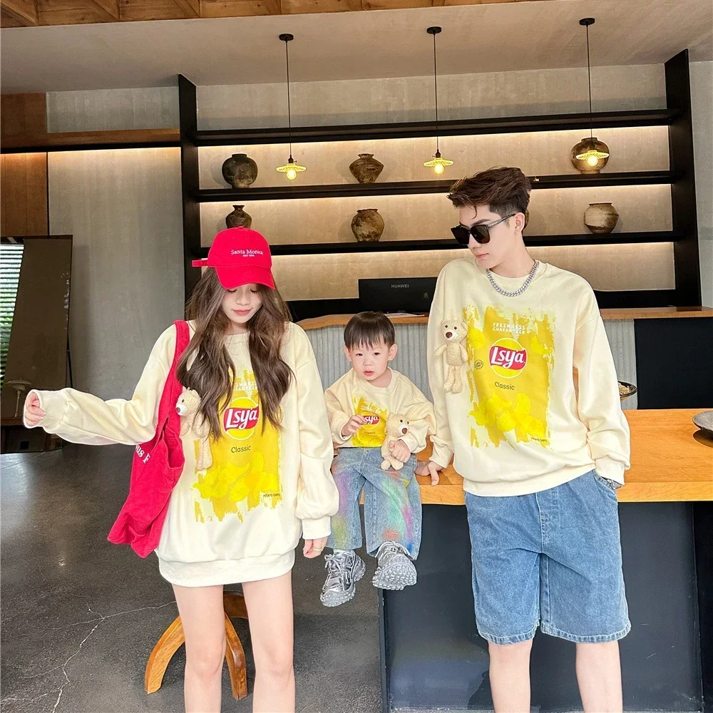 Family Funny Long Sleeve Sweatshirts with Bears Fashion Korean Style Mom Dad and Daughter Son Matching Clothes Toddler Romper