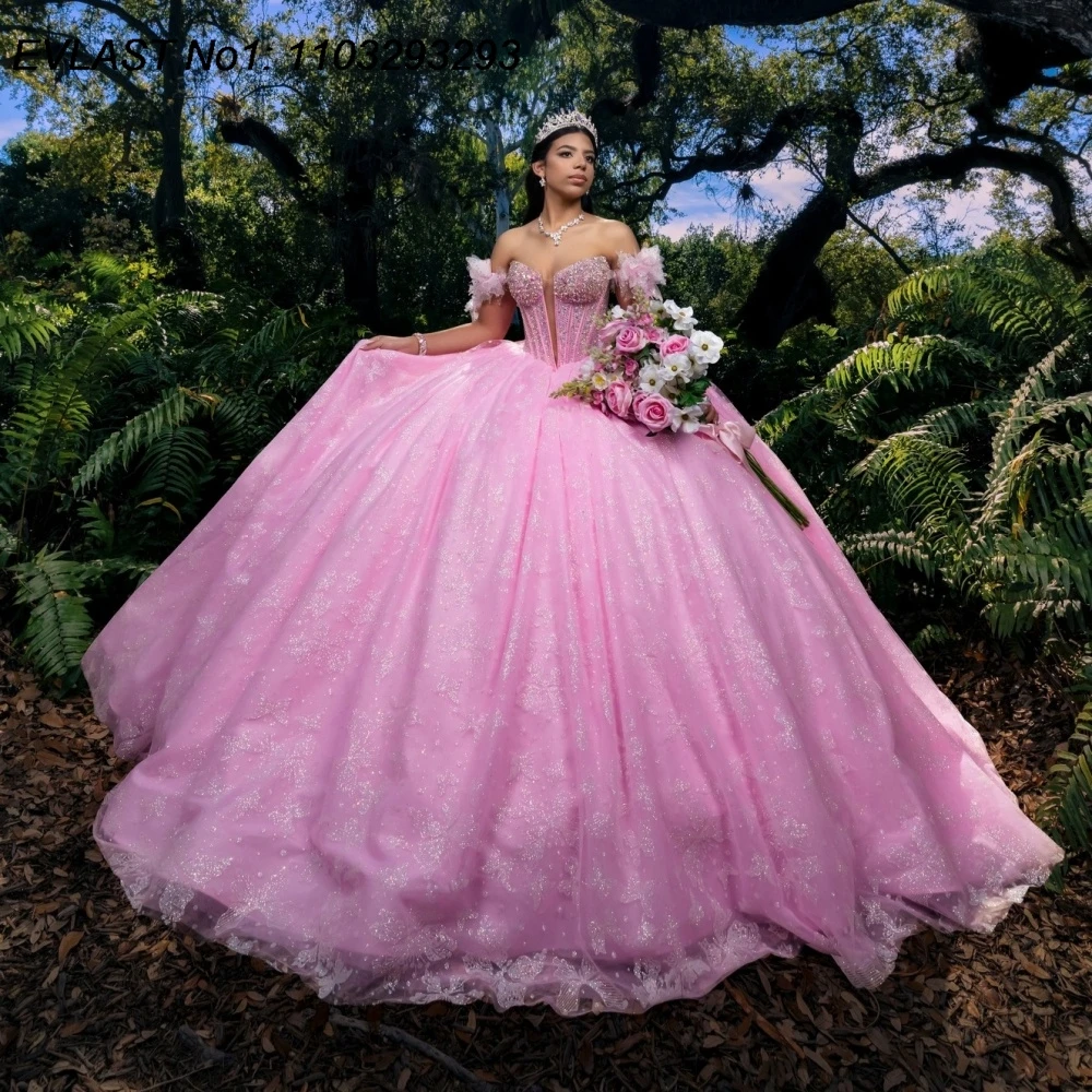 EVLAST Customized Mexican Pink Quinceanera Dress Ball Gown Crystals Lace Applique Corset Sweet 16 Gown Vestidos De 15 Anos AQ845