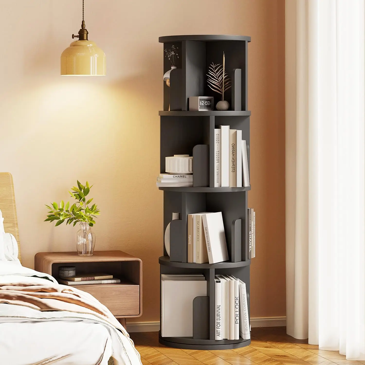 Madera maciza premium 360 ° Estantería giratoria: elegante Estanteria Giratoria para el hogar, la librería y el almacenamiento de biblioteca