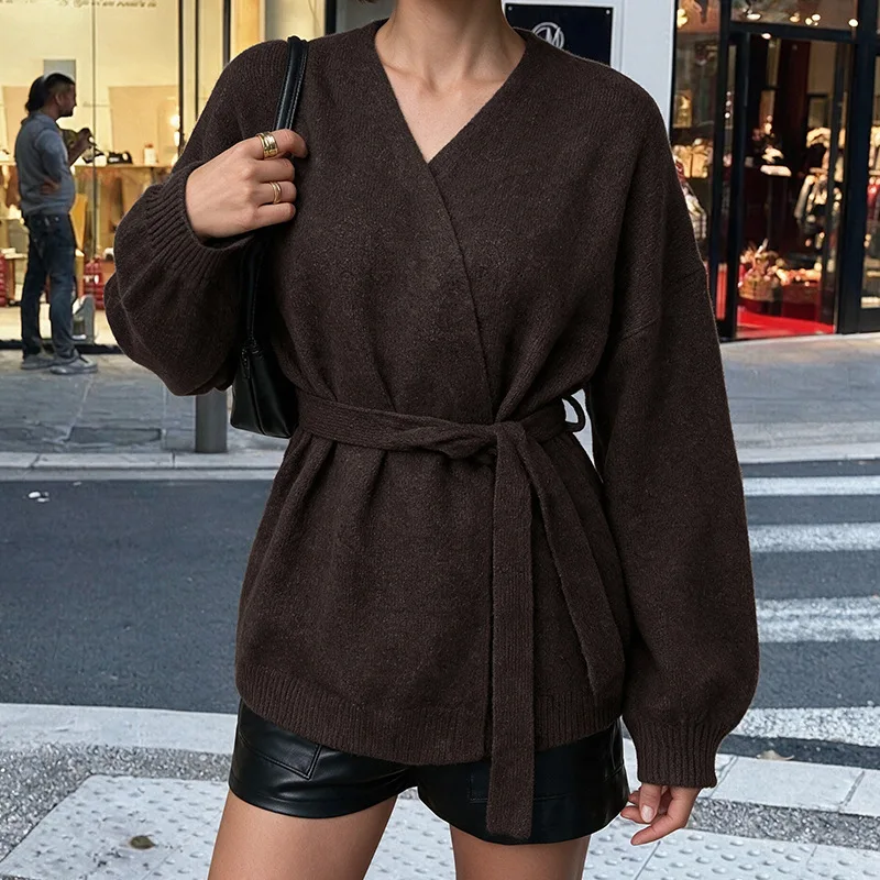 Women Cardigan Sweaters Coats Vintage Mid Length Coat Jackets Lace Up Jumpers Y2k Streetwear Knit Open Stitch Autumn Winter