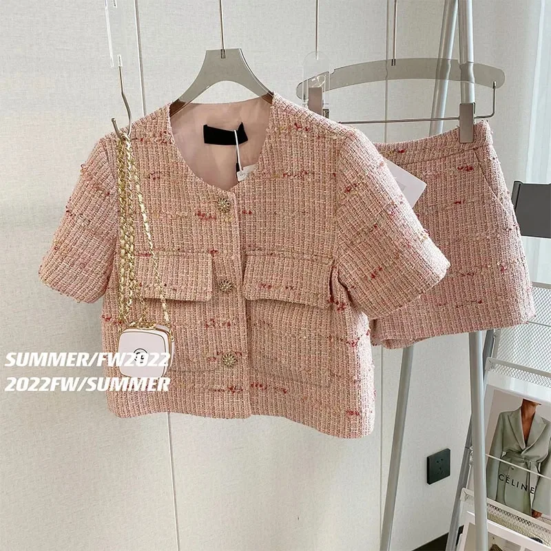 Shorts Sets 2 Piece  Womens Outifits O Neck Pink Tweed Jacket Femme Crop Cardigan Tops Korean Coat Short Pant Suit