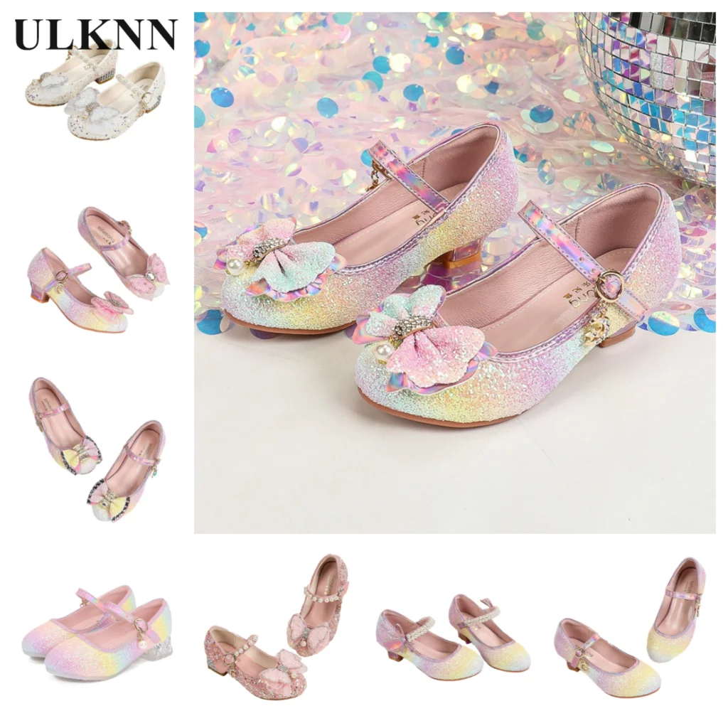 

Princess Shoes Chaussure Enfant Colored Princess Fashion Crystal Shoes Butterfly Gradient Colorful Children's Leather Shoes