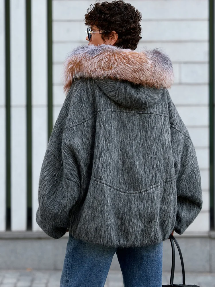 Women Warm Winter Wool Woolen Jackets  Real Fox Fur Collar Hooded Goose Down JacketThick Female Outwear Coat Puffer Jacket