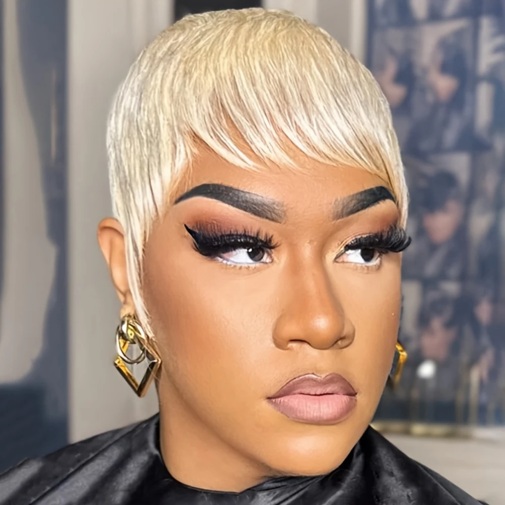 613 ブロンドカラーストレート人毛ウィッグ女性のためのピクシーカットウィッグフルマシンメイドウィッグ 150% 密度 6 インチ