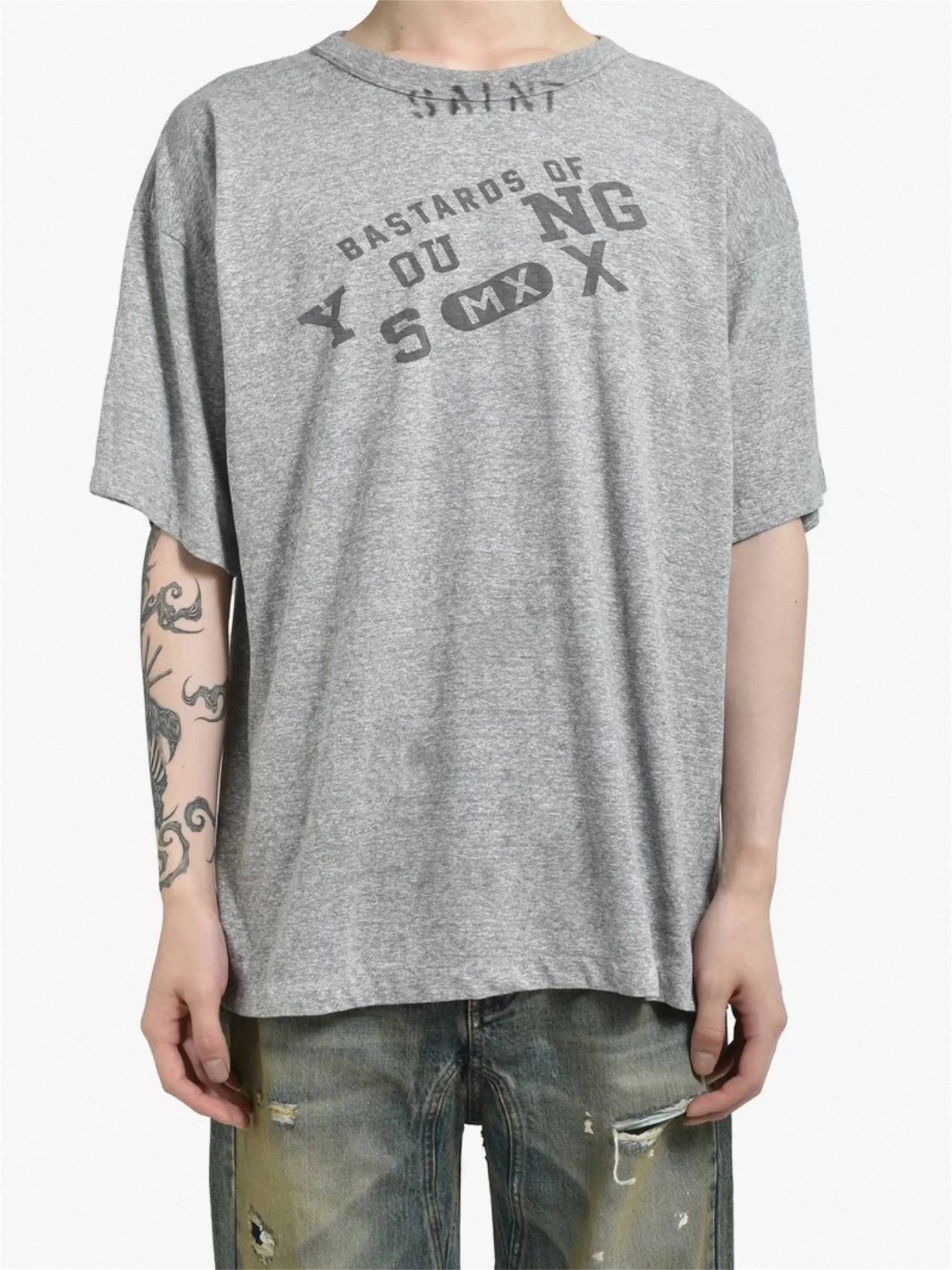 

26SS SAINT OF MICHAEL Japanese High-Street Vintage Style Retro Grey Cotton Soft Quality Loose Casual Tops T-Shirt For Men