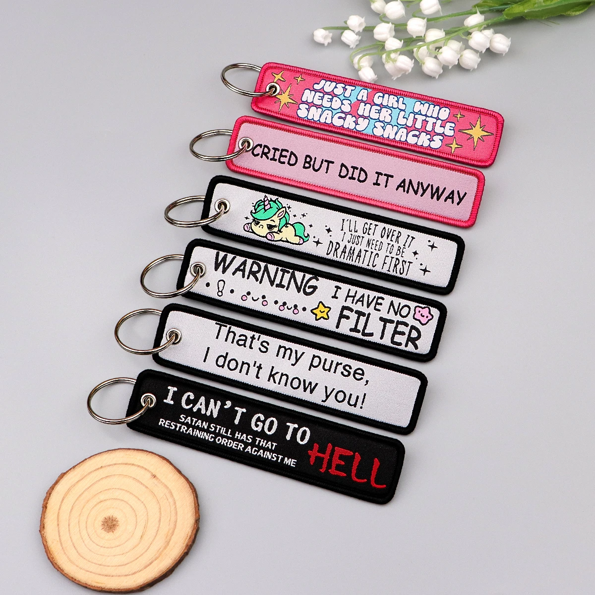 WARNING Spanish Quotes Embroidery Key Fobs Funny Key Tags Keychains for Motorcycles Cars Fashion Key Rings Accessories Gift 1pcs