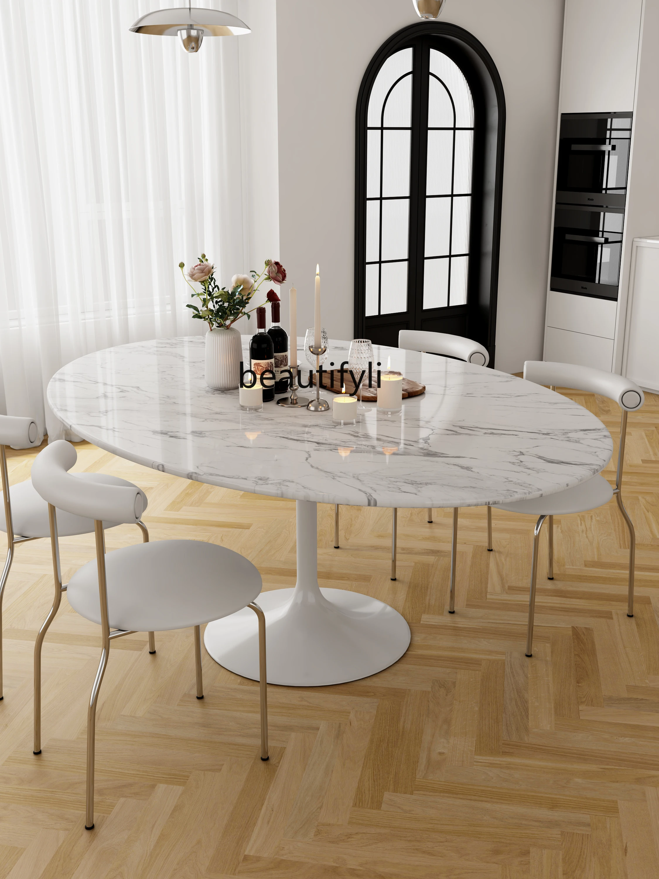 dining table marble small apartment large flower  medieval compound wind light luxury oval dining table and chair combination