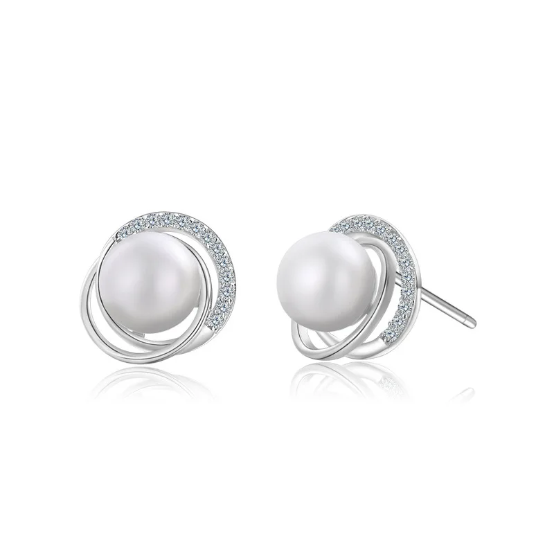 

Authentic 925 Sterling Silver Earring Pearl Planet Orbiting Crystal Stud Earring For Women Girl Wedding Party Jewelry Gift