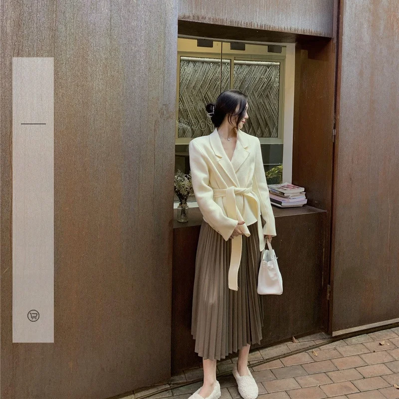 

Ele Double-Faced Woolen Suit Jaet Women's V-Ne Waist-Cinching Coat Tie Detail Commute Sle Long Sve Color