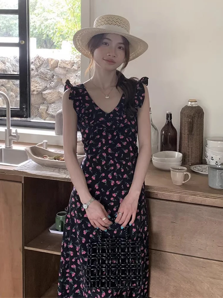 Romantic Summer Floral Print Dr Women's High Waist V-Ne Two-Way Tie Waist Slimming Fly Sve Long Dr Commute Sle