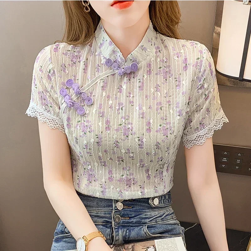 

Vintage Summer Blouses Women Tops 2023 Fashion Short Sleeve Casual Blusas Mujer Korean Style Slim Lace Patchwork Printed Shirts