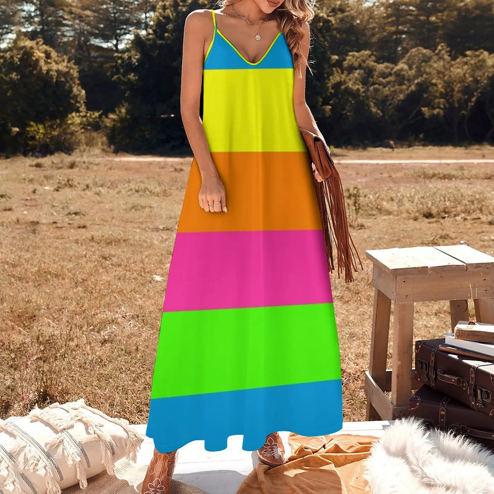 PLAIN SOLID NEON FLUORESCENT RAINBOW STRIPES 5 COLORS Sleeveless Dress dress dresses summer dress Prom gown clothes