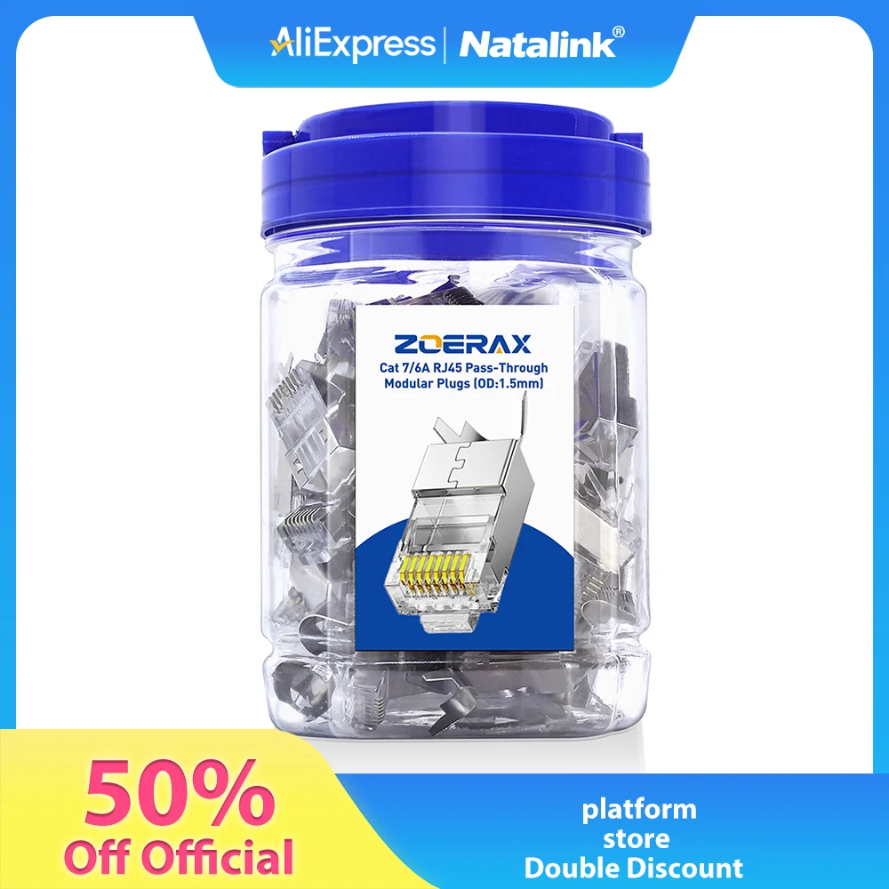Natalink 50PCS Shielded CAT7 RJ45 Connector Pass Through with Strain Relief Boots 3 Prong 8P8C Gold Plated 1.5mm RJ45 Adapater