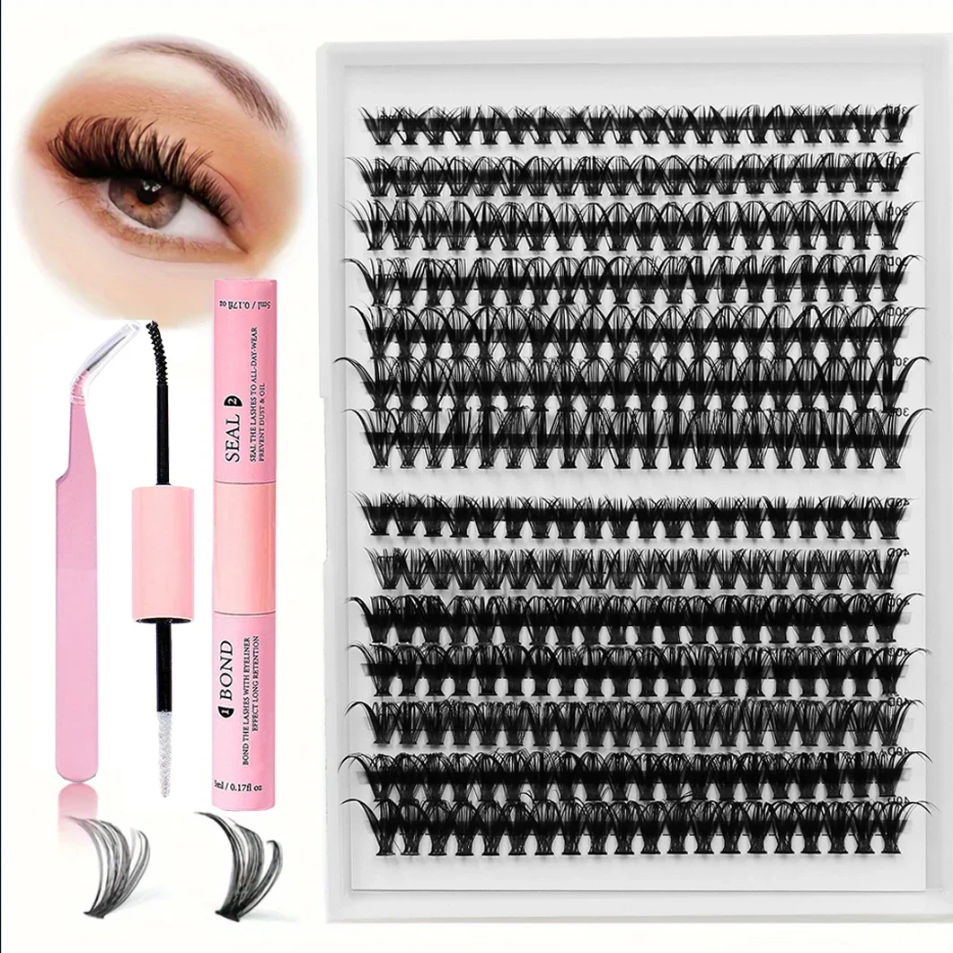 DIY 속눈썹 세트 280개 개별 속눈썹 클러스터 D 컬, 8-16mm 믹스 래쉬 클러스터(래쉬 본드, 씰 및 래쉬 애플리케이터 도구 포함)
