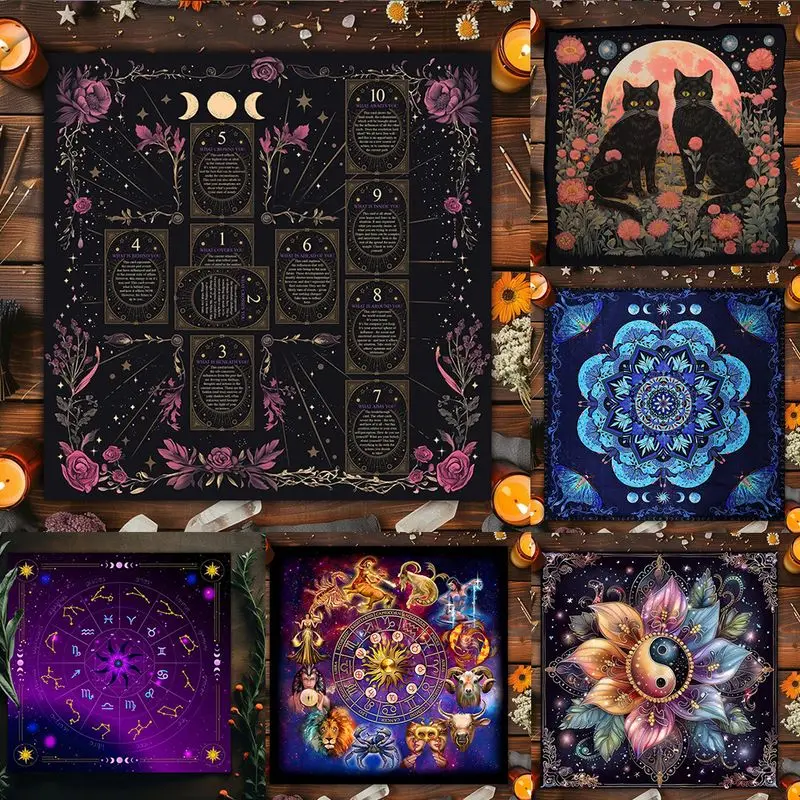 VIKAMA Tarot Spread Tablecloth Altar Cloth Moon Phase Rose Black Cat Mandala Yin Yang Divination Cloth for Tarot Reading