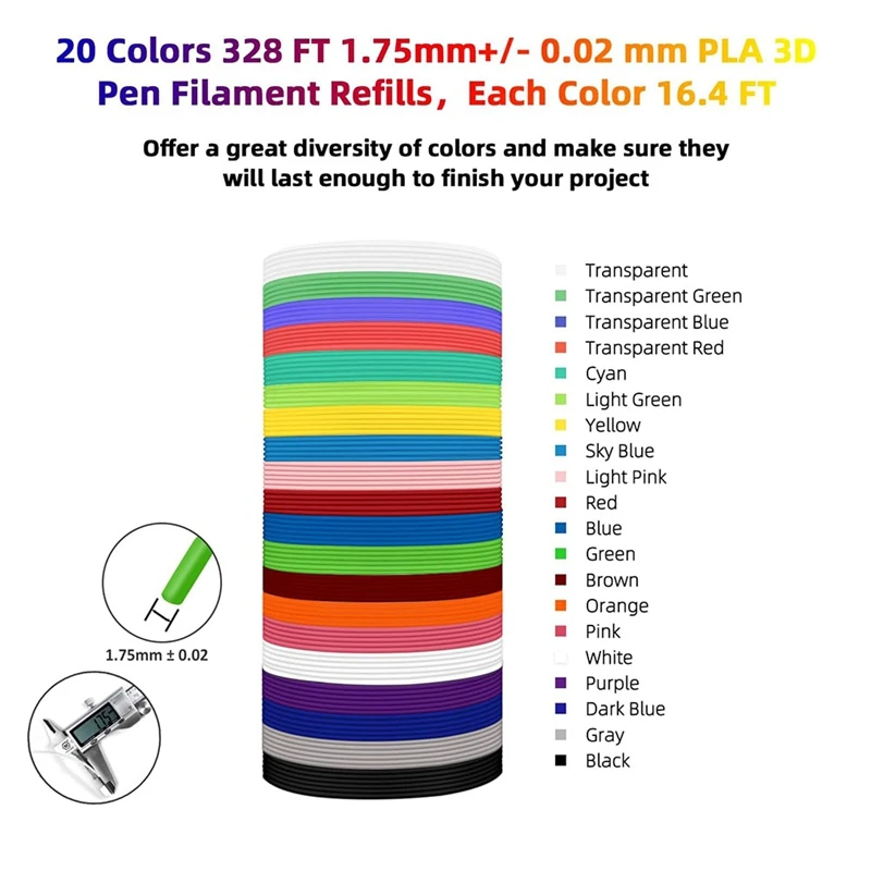 A34M-20Colors PLA 3 D Pen Filament Refills,1.75Mm 3 D Pen Filament, Each Color 16.4Ft,Total 328Ft,Compatible MYNT3 D 3 DP Ens