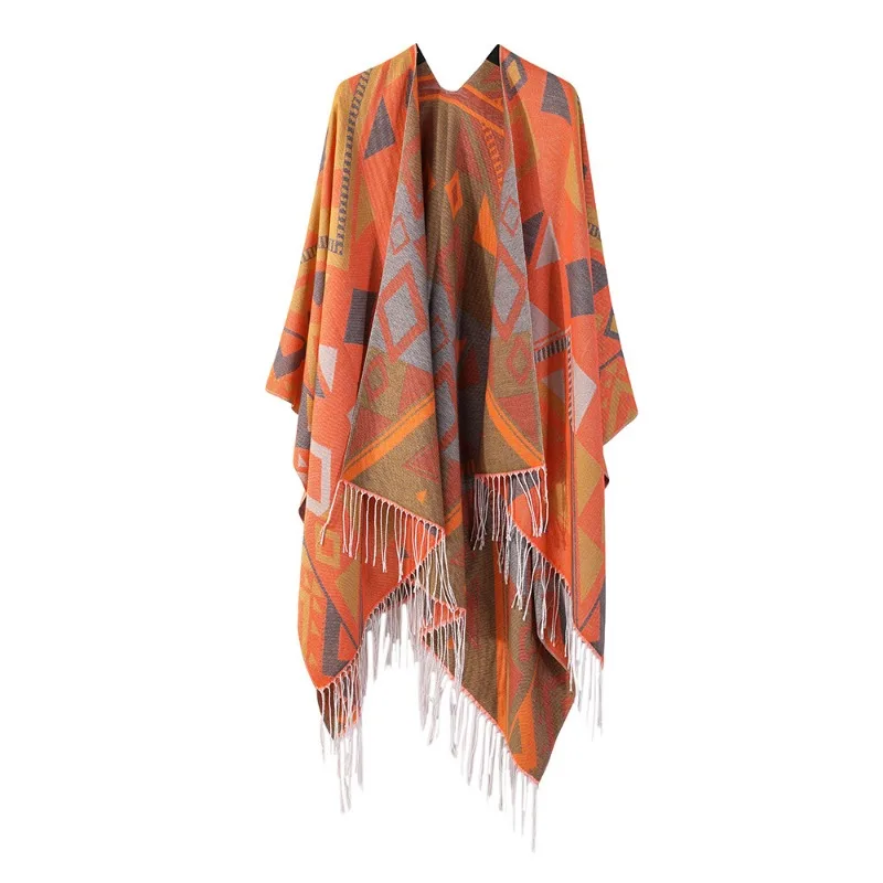 Split Style Shawl Top Imitation Cashmere Cloak Thickened Warm Cloak Geometric Fringe Scarf Fashionable Autumn Winter New