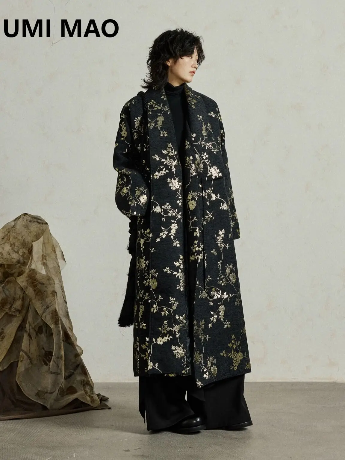 UMI MAO Trench Coat Winter Niche Design New Chinese Style Gold Thread Jacquard Long Lace-up Coat Floral Overcoat Femme