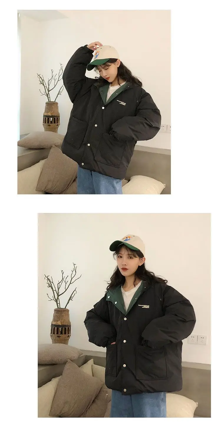 Two-sided Wear Cotton-padded Jacket Korean Winter Coat Women Thickened Parka Hooded Down Cotton Coat Windproof Puffer Jacket New