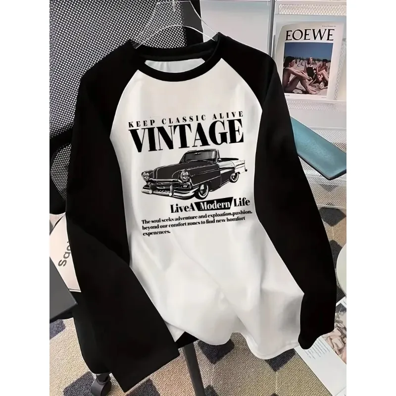 

KEEP CLASSIC ALIVE VINTAGE Автомобильный узор с 3D принтом, дышащая, быстросохнущая, свободная, удобная футболка с круглым вырезом и длинными рукавами