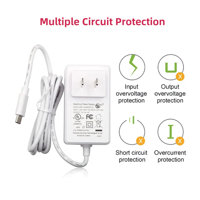 Raspberry Pi 5 Power Supply 5V 4A Type C Port Power Adapter 100-240V Input EU US UK Multi Circuit Protection Charger for Pi 5 4B