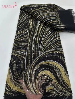 2024 Latest Hot Sale Fashion Africa Lace Fabric High Quality Handmade Embroidery Lace With Beads Sequins Party For Wedding Dress