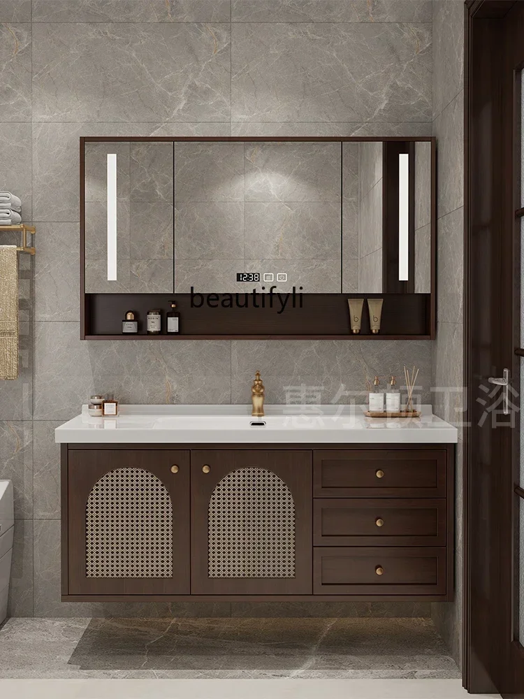 New Chinese style solid wood rattan bathroom cabinet combination bathroom washbasin, washbasin, sink for hand washing, ceramic i