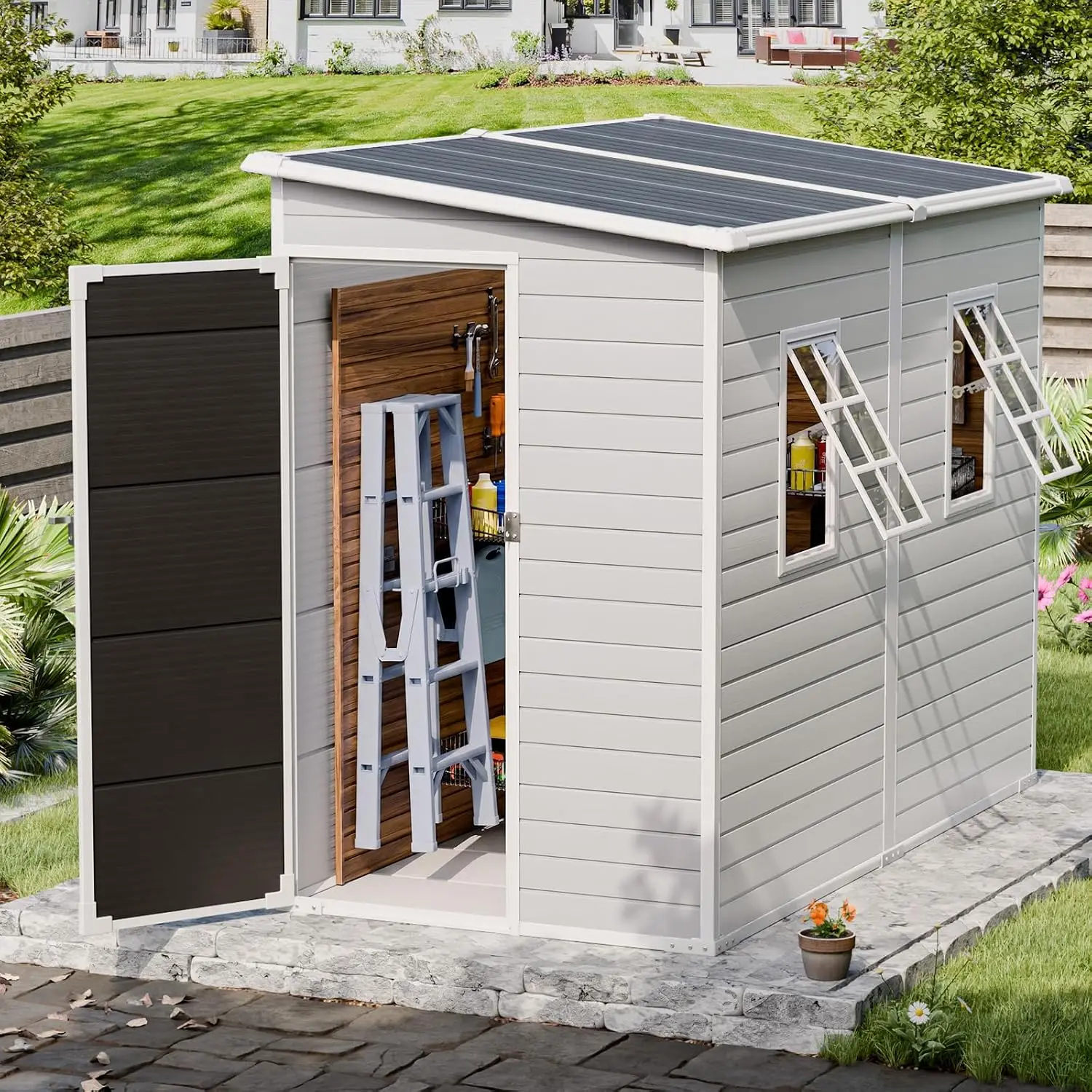 4x8 FT Resin Outdoor Storage Shed with Floor | 14mm Ultra-Thick Weatherproof Panels, 21-Gauge Steel Frame, Lean-to Tool, Custom