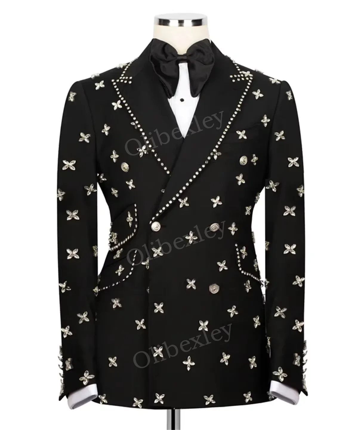 

Olibexley Men's Suits 2 Pieces Black High Quality Beaded Crystals One Button Slim Fit Wedding Groom Business Dinner Part