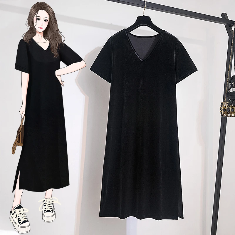 Women Velvet T-shirt Dresses Summer Female V Neck Short Sleeve Large Size Elegant A Line Black Calf Length Loose Split Vestidos