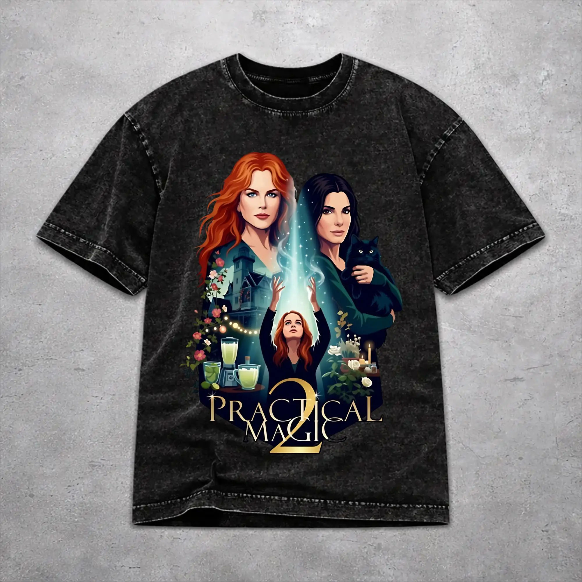 Practical Magic 2 Witch Sisters Midnight Margaritas Witchcraft Black Washed T Shirt Vintage Streetwear for Men Women Hiphop Tee