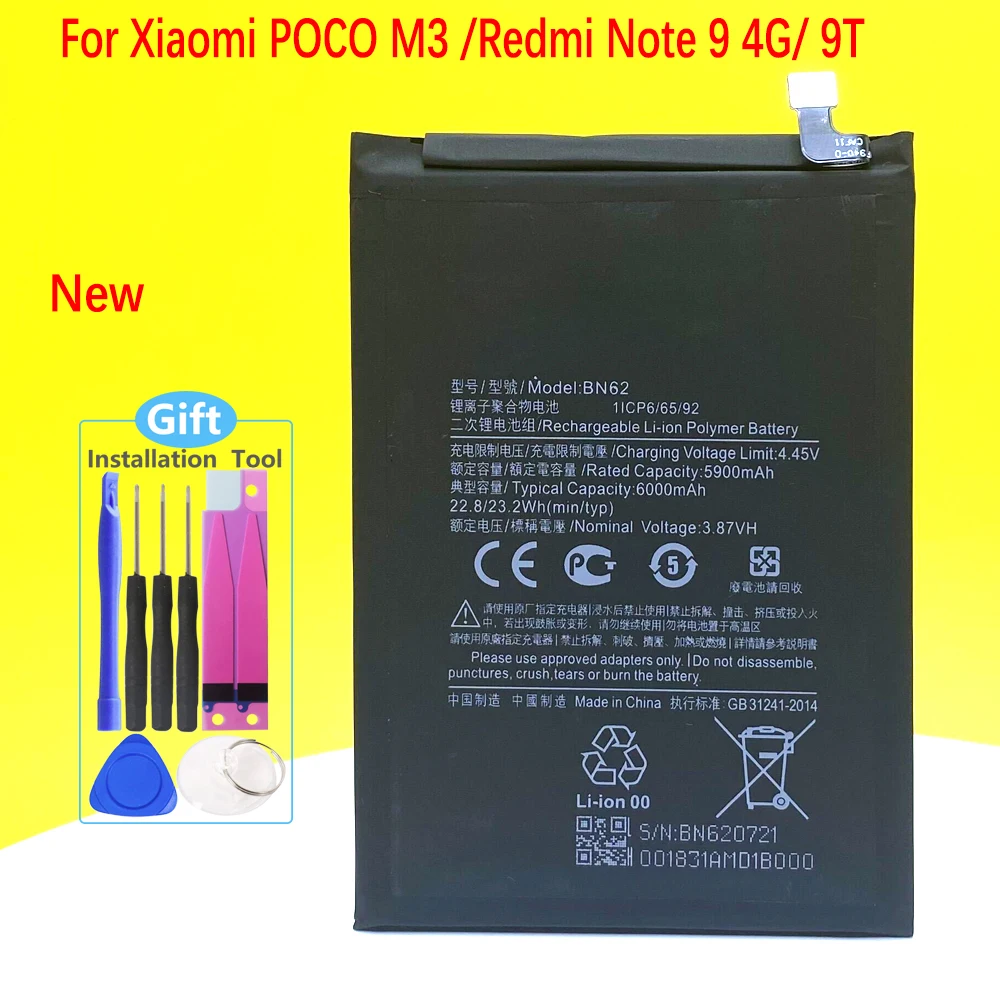 

NEW BN62 Battery For Xiaomi POCO M3 / Redmi Note 9 4G 9T Smartphone/Smart Mobile Phone +Tracking Number