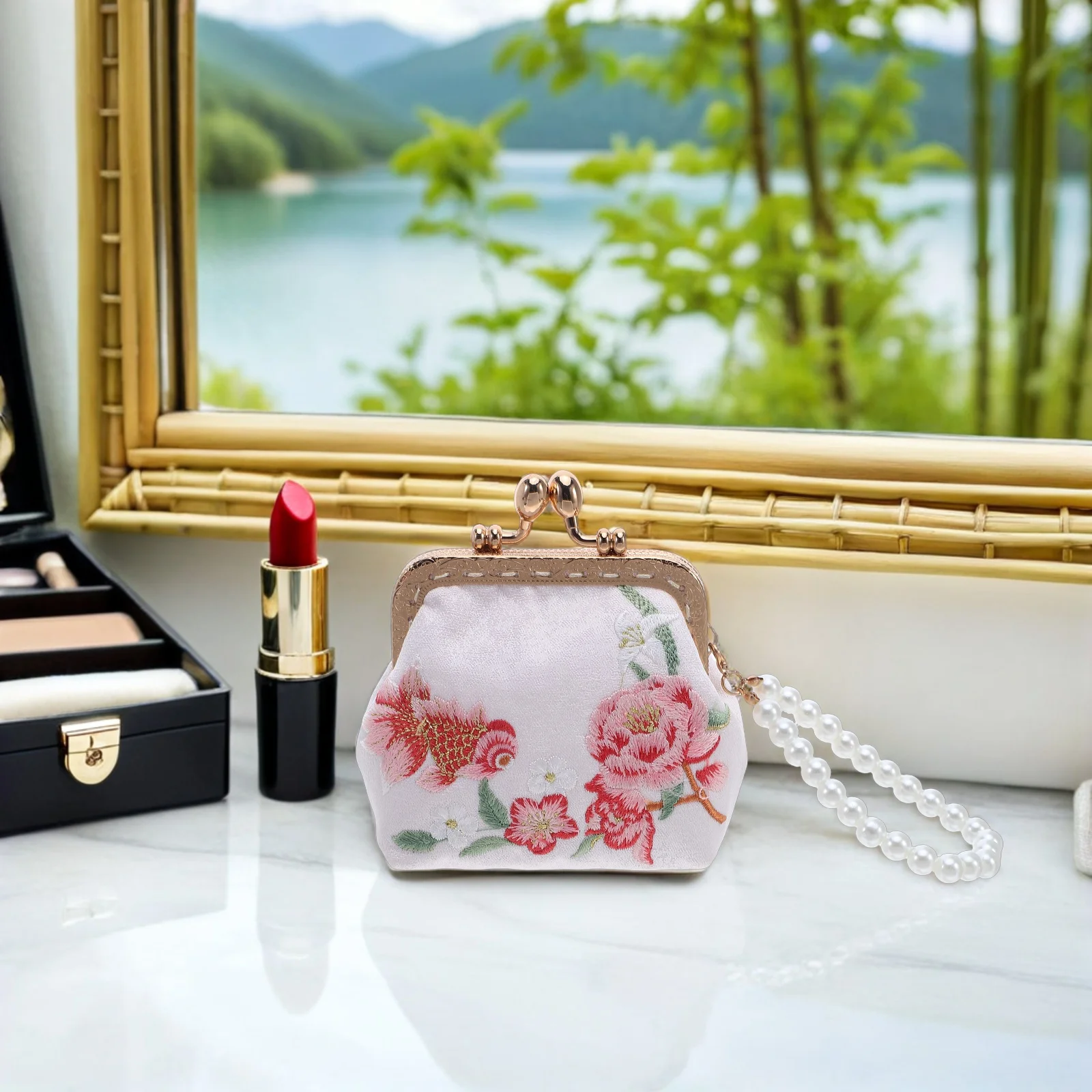 الصينية التقليدية زهرة التطريز المحفظة البسيطة المطرزة محفظة محاكاة اللؤلؤ ديكور صغير ماكياج حالة عملة حامل الأكياس #3