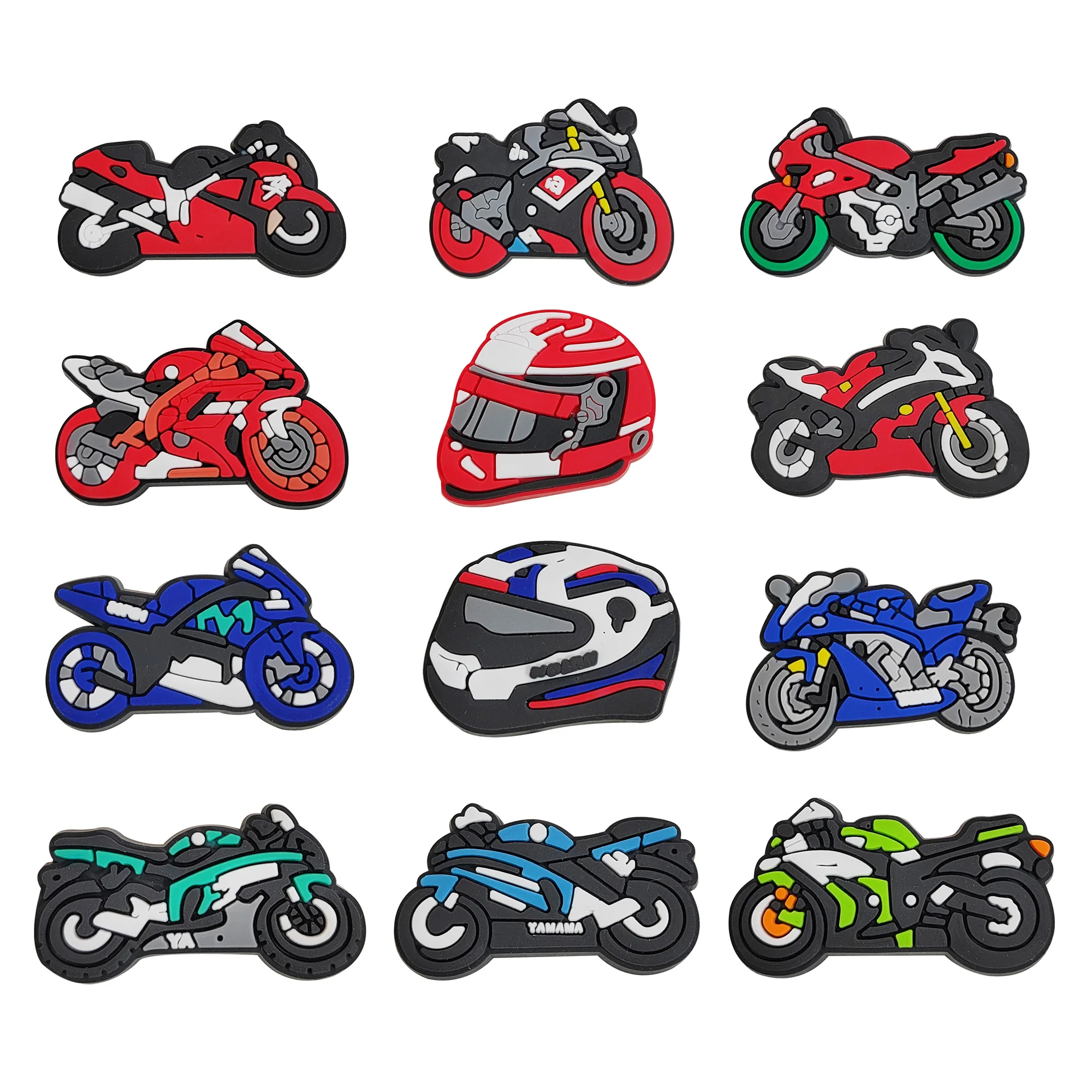 12/24PCS Cartoon Motorcycle car helmet Shoe Charm Wholesale PVC Decor Buckle Detachable Waterproof For Boy Girl Birthday Gift