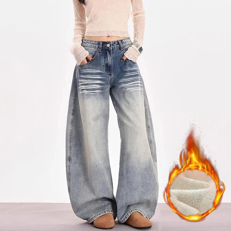Winter Women High Waist Plush Thermal Jeans Girls Chic Snow Warm Loose Denim Pants Lady Korean Daily Fleece Trousers