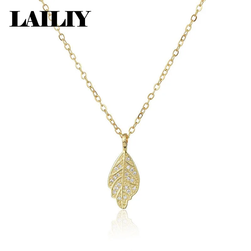LAILIY925 Sterling Silver 18K Gold Micro set Zircon Golden Branch Jade Leaf Pendant Necklace for Women Fashion Jewelry