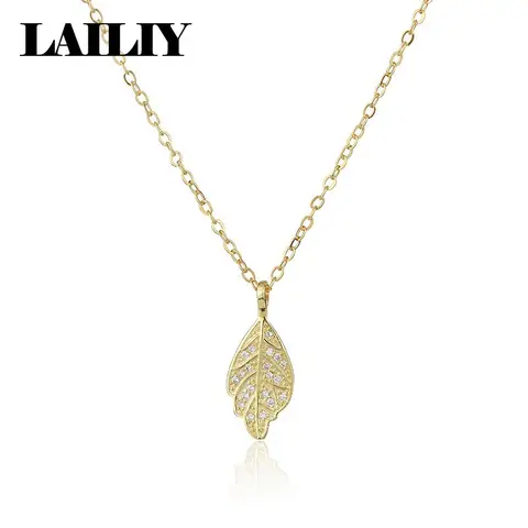 LAILIY925 Sterling Silver 18K Gold Micro set Zircon Golden Branch Jade Leaf Pendant Necklace for Women Fashion Jewelry