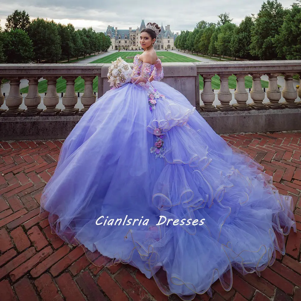 Lilac 3D Flowers Pearls Beading Quinceanera Dress Ball Gown Sweetheart Half Sleeve Appliques Graduation 7th Vestido De XV Anos
