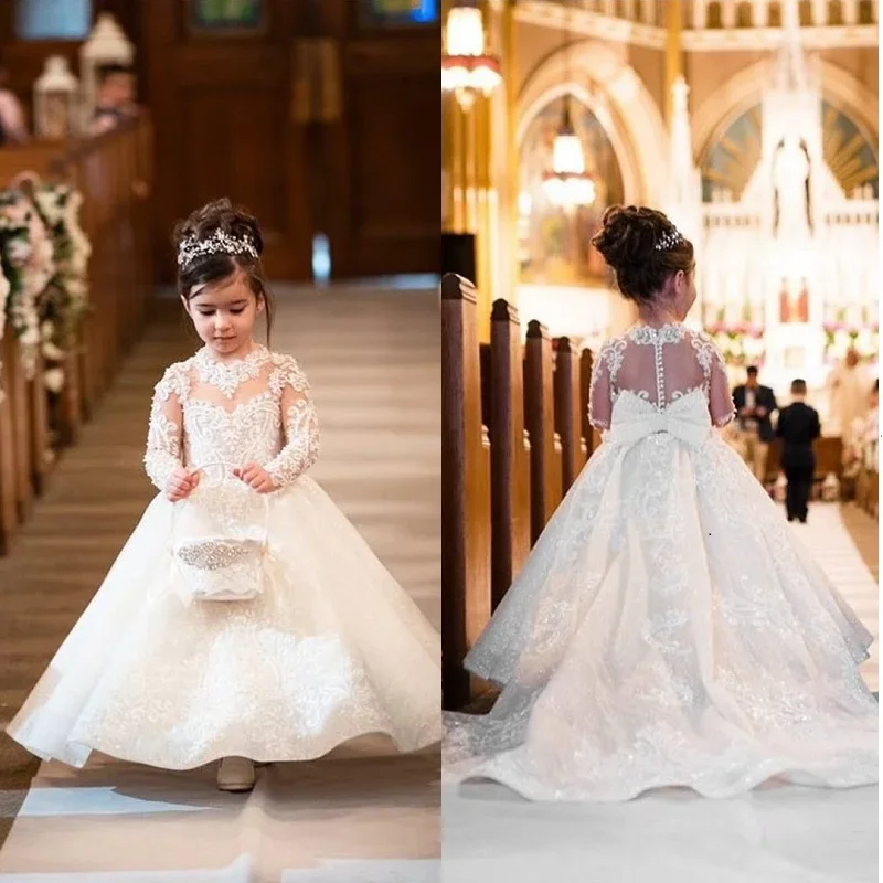 Flower Girls Dresses Lace O-Neck A-LINE Floor-Length Princess Dress for Wedding Bridesmaid Birthday First Communion Gown